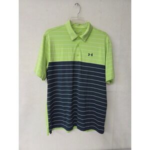 Under Armour Polo Shirt Mens XL Green Navy Striped HeatGear Loose Golf 1347425